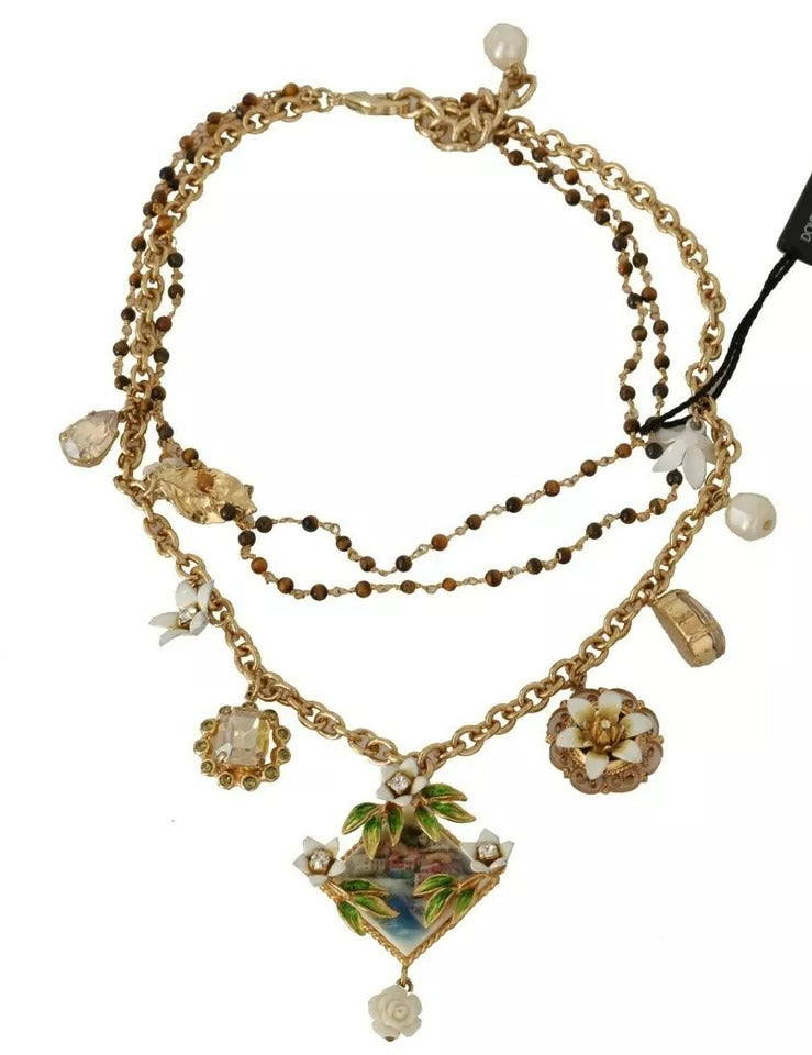 Dolce & Gabbana Gold Brass Crystal Floral Statement Charms Necklace | Regal Royce