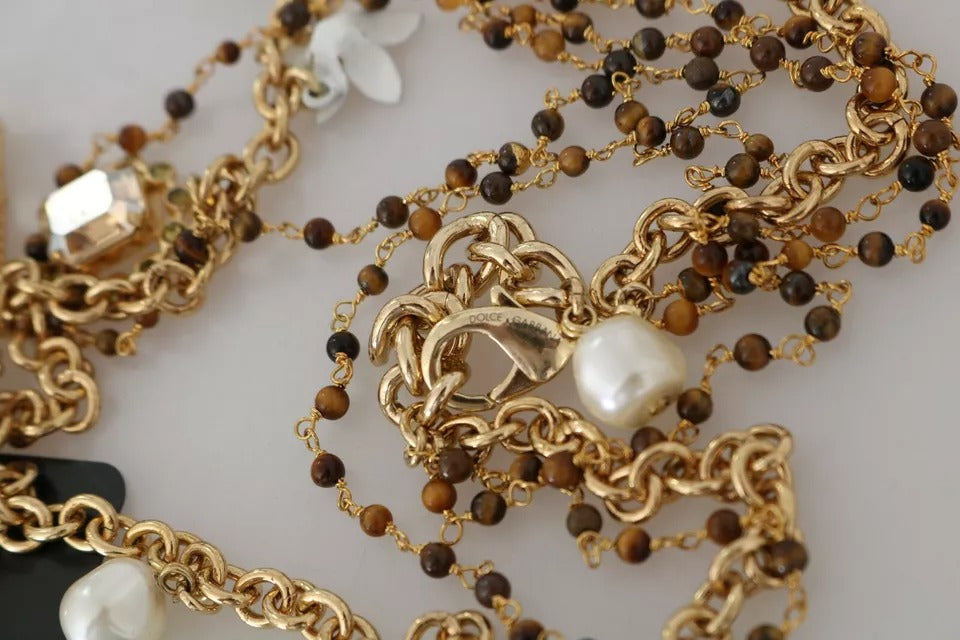 Dolce & Gabbana Gold Brass Crystal Floral Statement Charms Necklace | Regal Royce