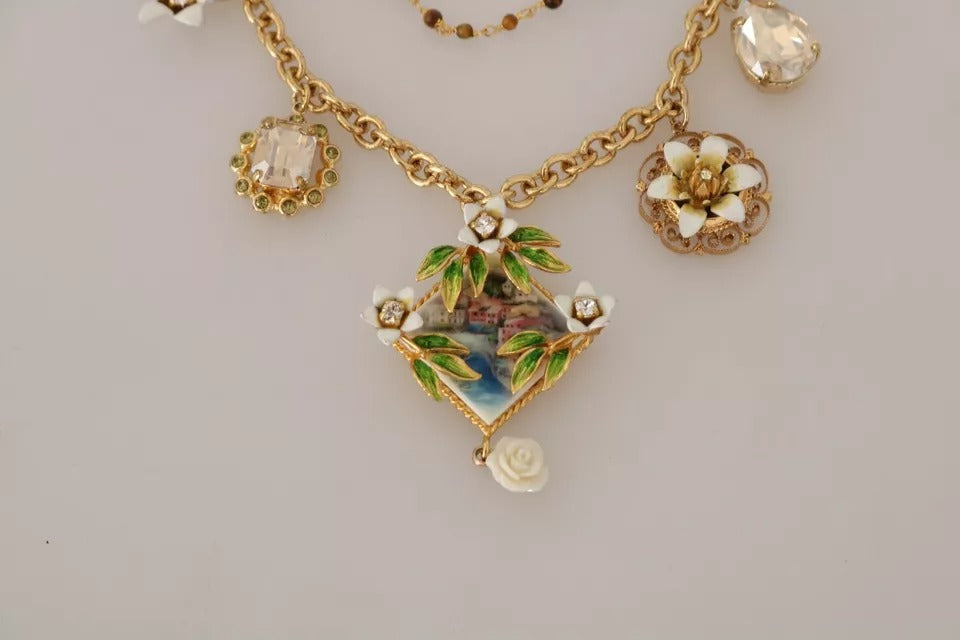 Dolce & Gabbana Gold Brass Crystal Floral Statement Charms Necklace | Regal Royce