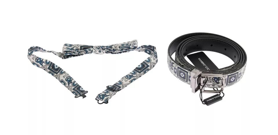 Dolce & Gabbana White Blue Silk Bowtie Leather Belt Gift Box Set | Regal Royce