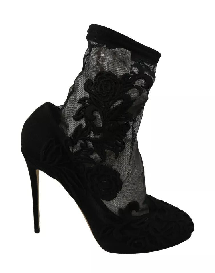 Dolce & Gabbana Black Tulle Stretch Floral Booties Shoes | Regal Royce