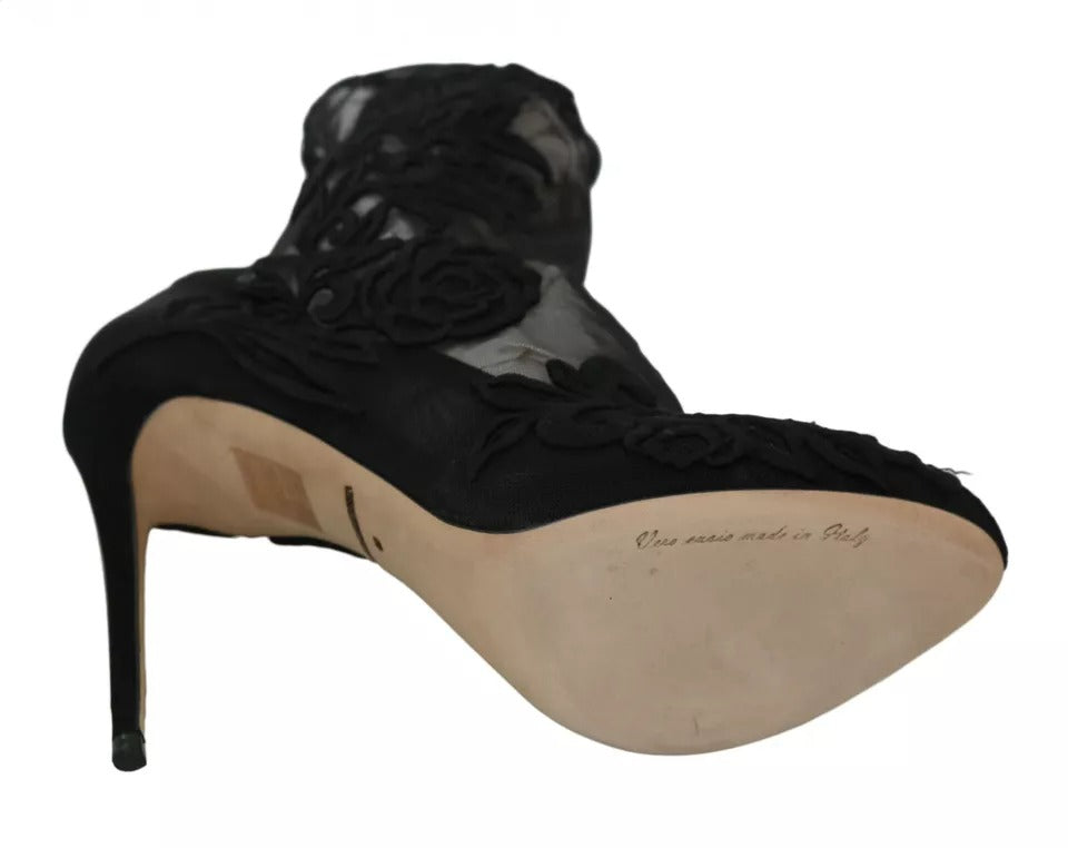 Dolce & Gabbana Black Tulle Stretch Floral Booties Shoes | Regal Royce