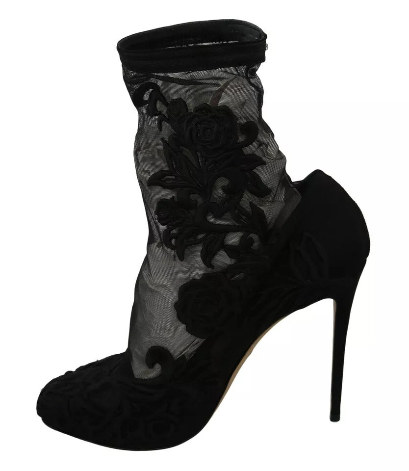 Dolce & Gabbana Black Tulle Stretch Floral Booties Shoes | Regal Royce