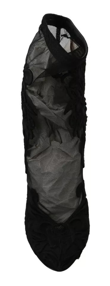 Dolce & Gabbana Black Tulle Stretch Floral Booties Shoes | Regal Royce