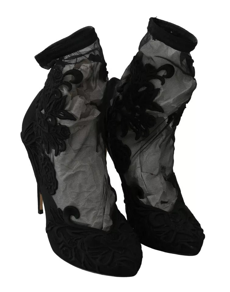 Dolce & Gabbana Black Tulle Stretch Floral Booties Shoes | Regal Royce