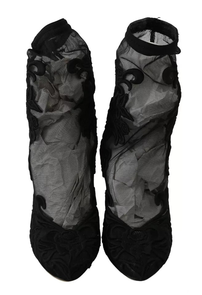 Dolce & Gabbana Black Tulle Stretch Floral Booties Shoes | Regal Royce