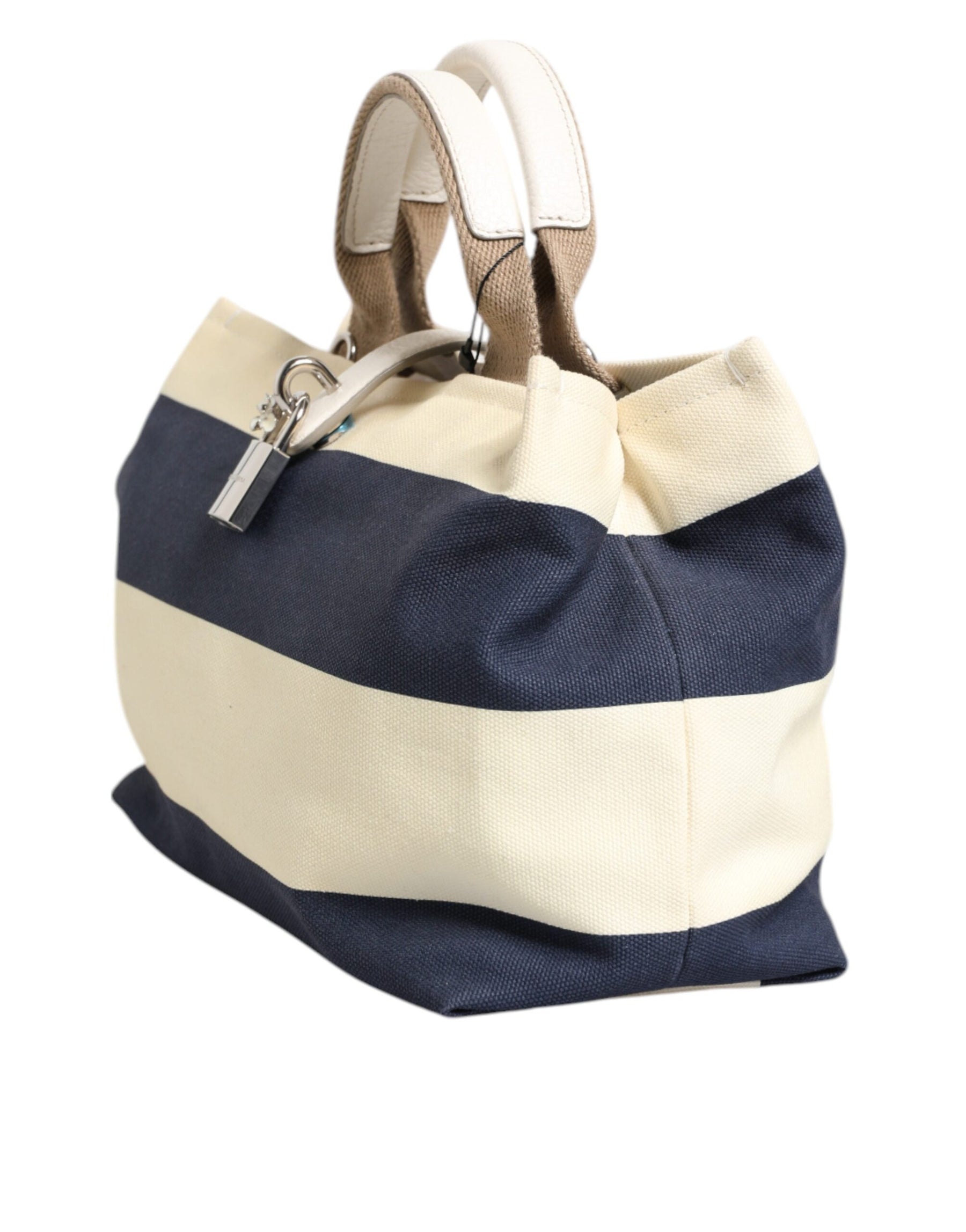 Dolce & Gabbana White Navy Striped Canvas Top Handle Tote Bag | Regal Royce