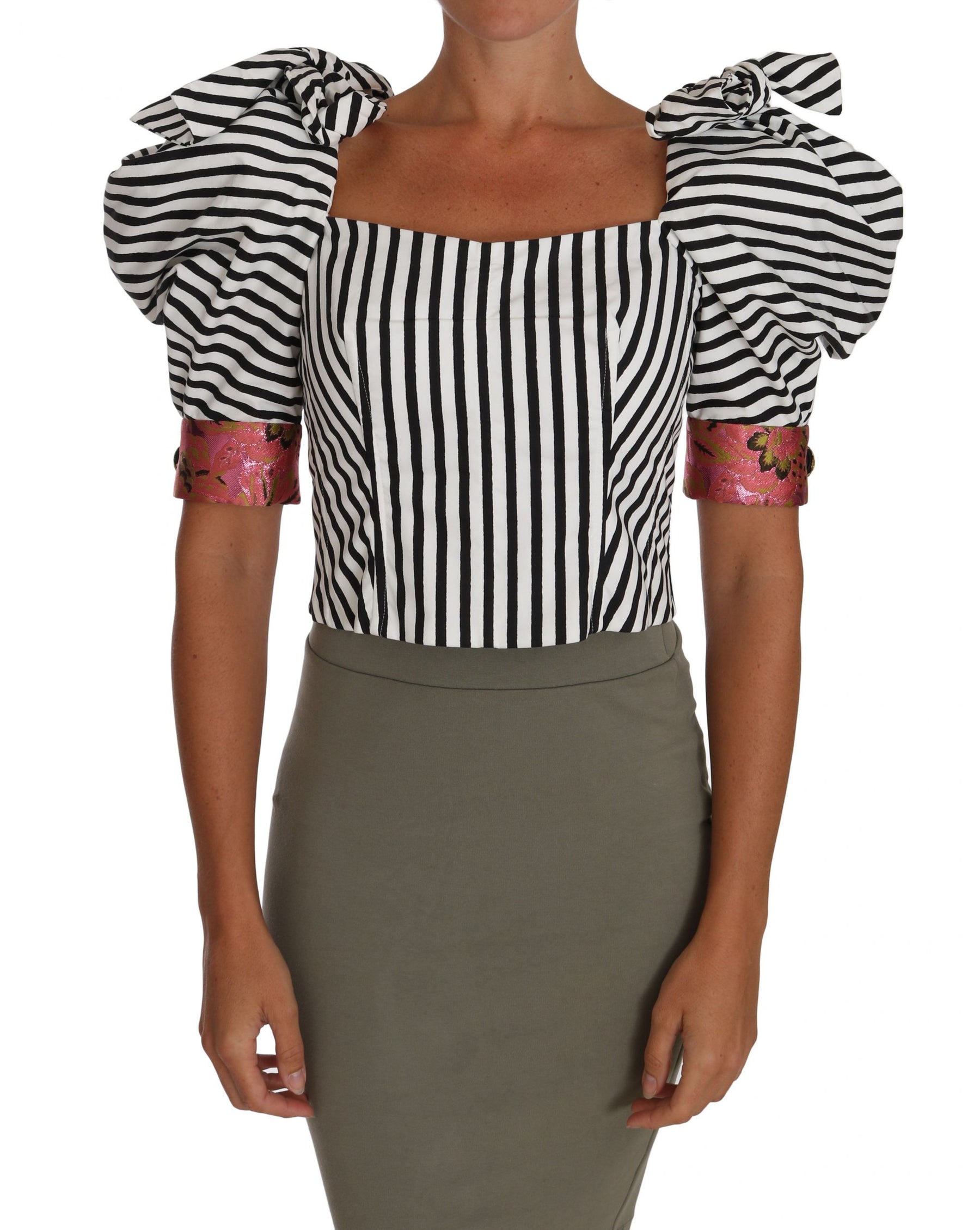 Dolce & Gabbana White Black Striped Cropped Top Puff Sleeve Shirts | Regal Royce