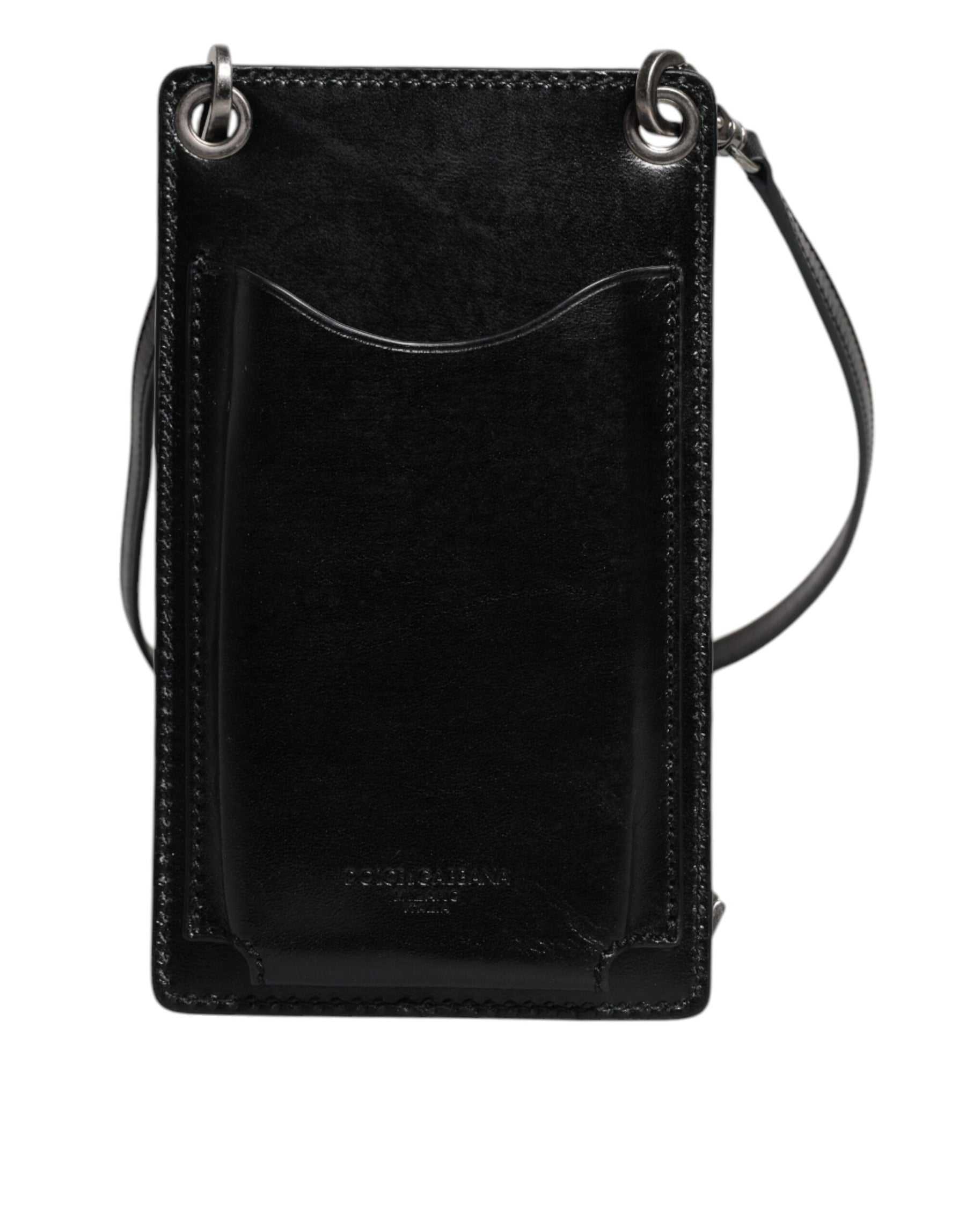 Dolce & Gabbana Black Horse Leather Zip Logo Shoulder Neck Strap Wallet | Regal Royce