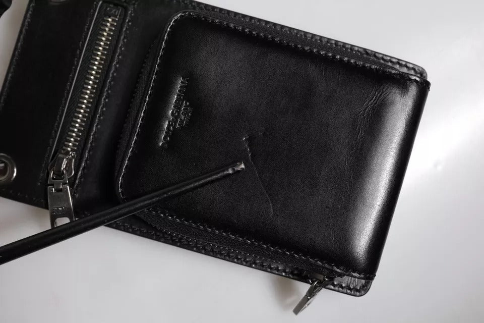 Dolce & Gabbana Black Horse Leather Zip Logo Shoulder Neck Strap Wallet | Regal Royce