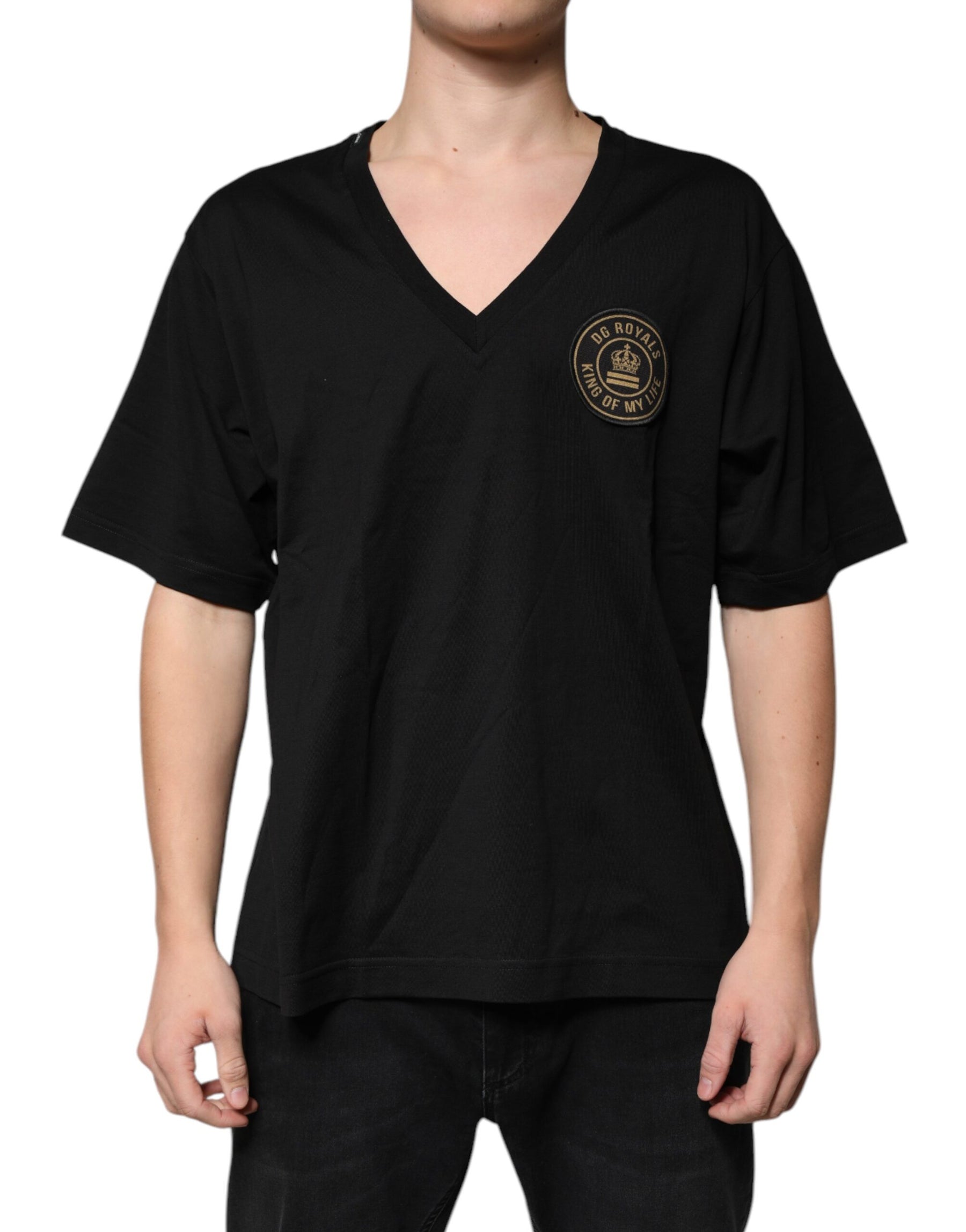 Dolce & Gabbana Black Cotton Logo Vneck Short Sleeve T-shirt | Regal Royce