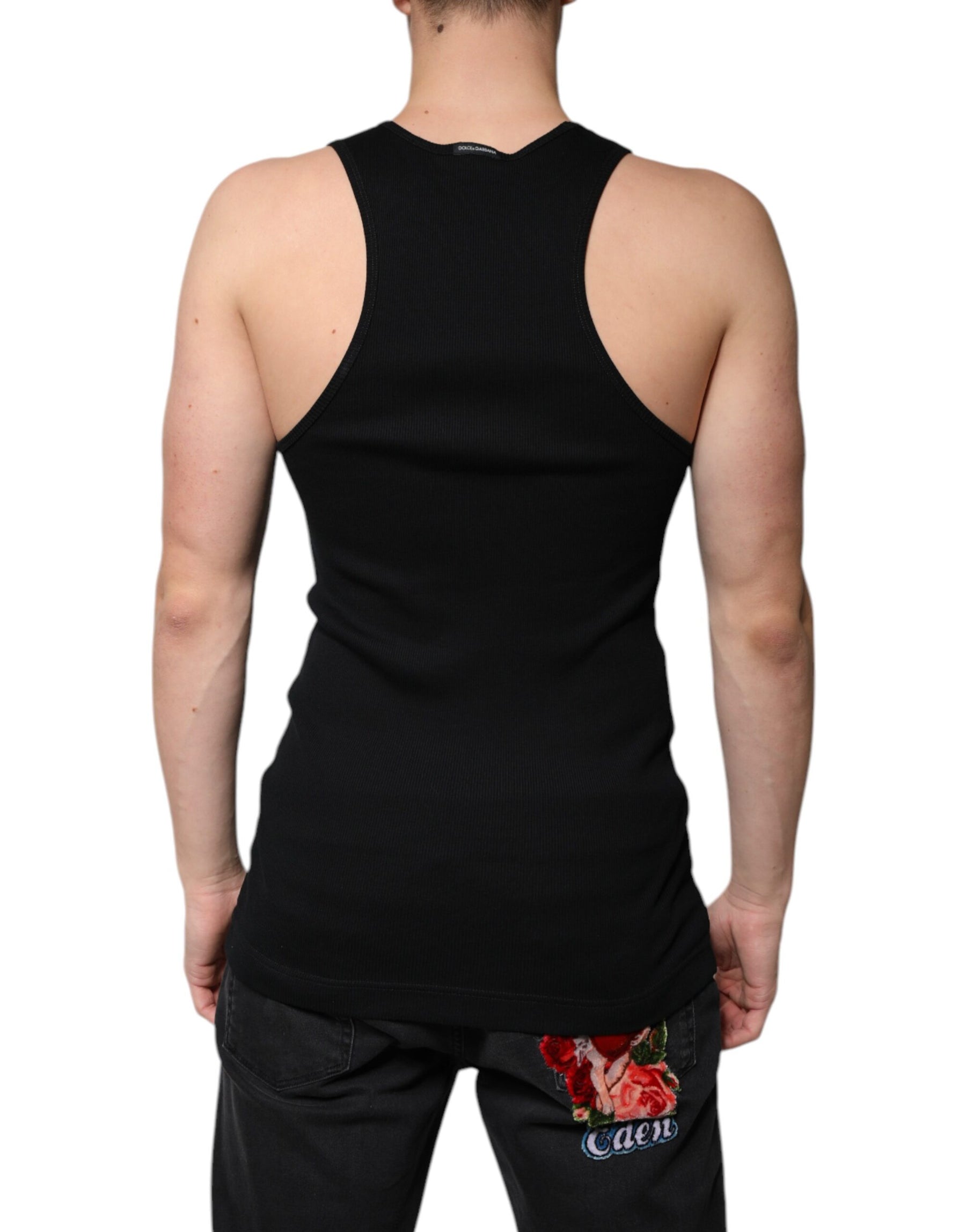 Dolce & Gabbana Black Cotton Sleeveless Round Neck Tank T-shirt | Regal Royce