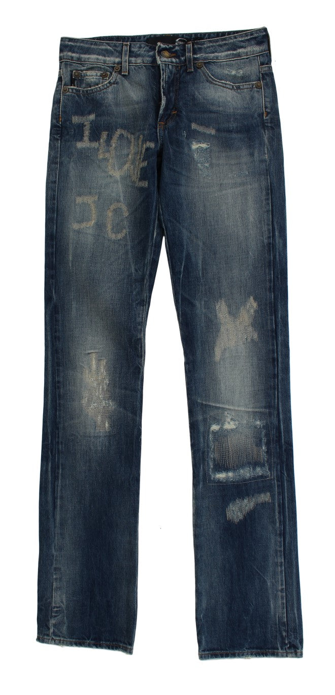 Cavalli Blue Wash Torn Cotton Straight Fit Jeans | Regal Royce