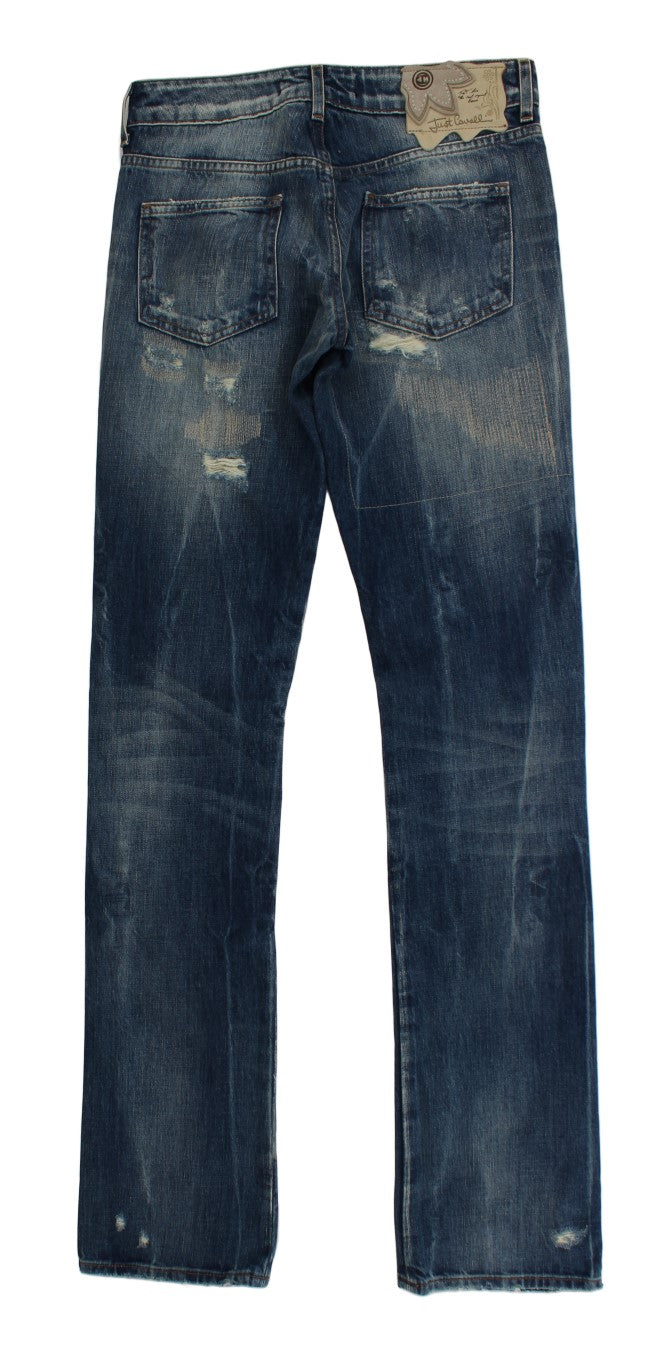 Cavalli Blue Wash Torn Cotton Straight Fit Jeans | Regal Royce