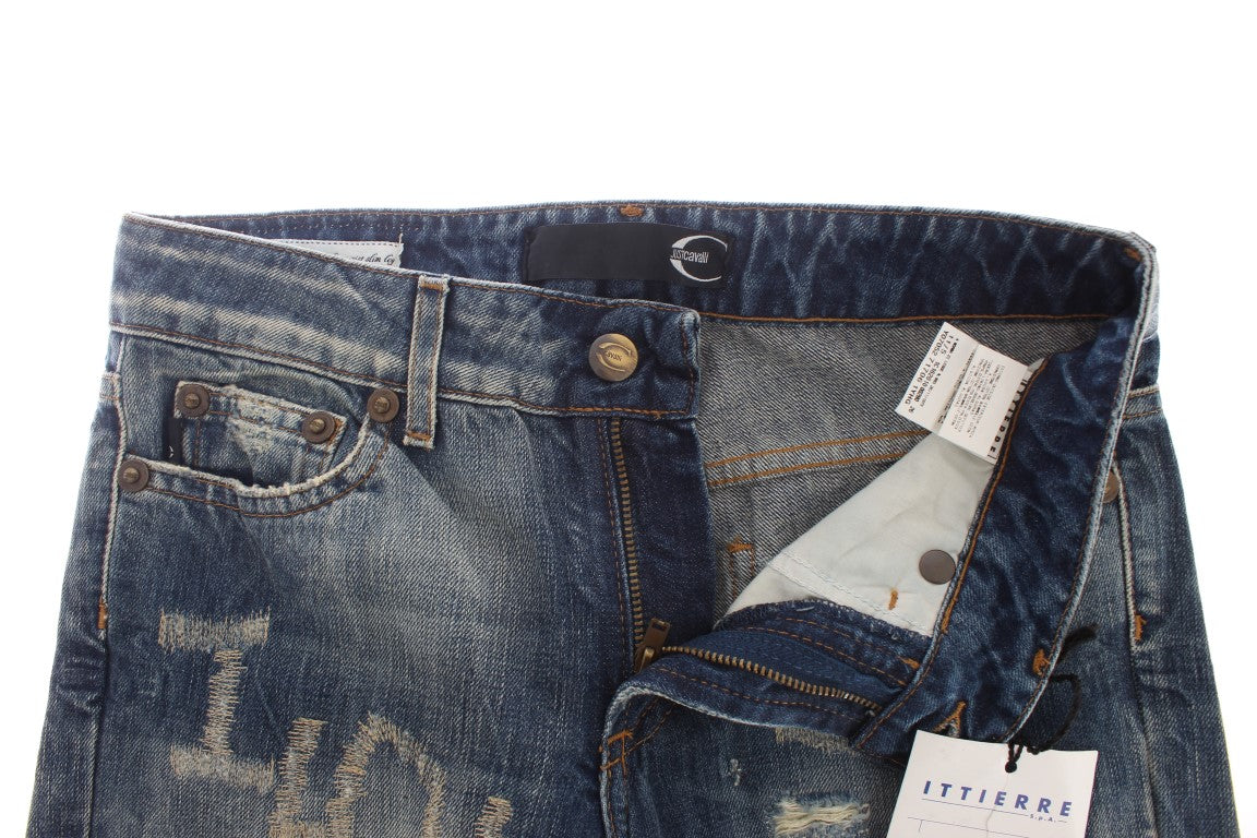 Cavalli Blue Wash Torn Cotton Straight Fit Jeans | Regal Royce