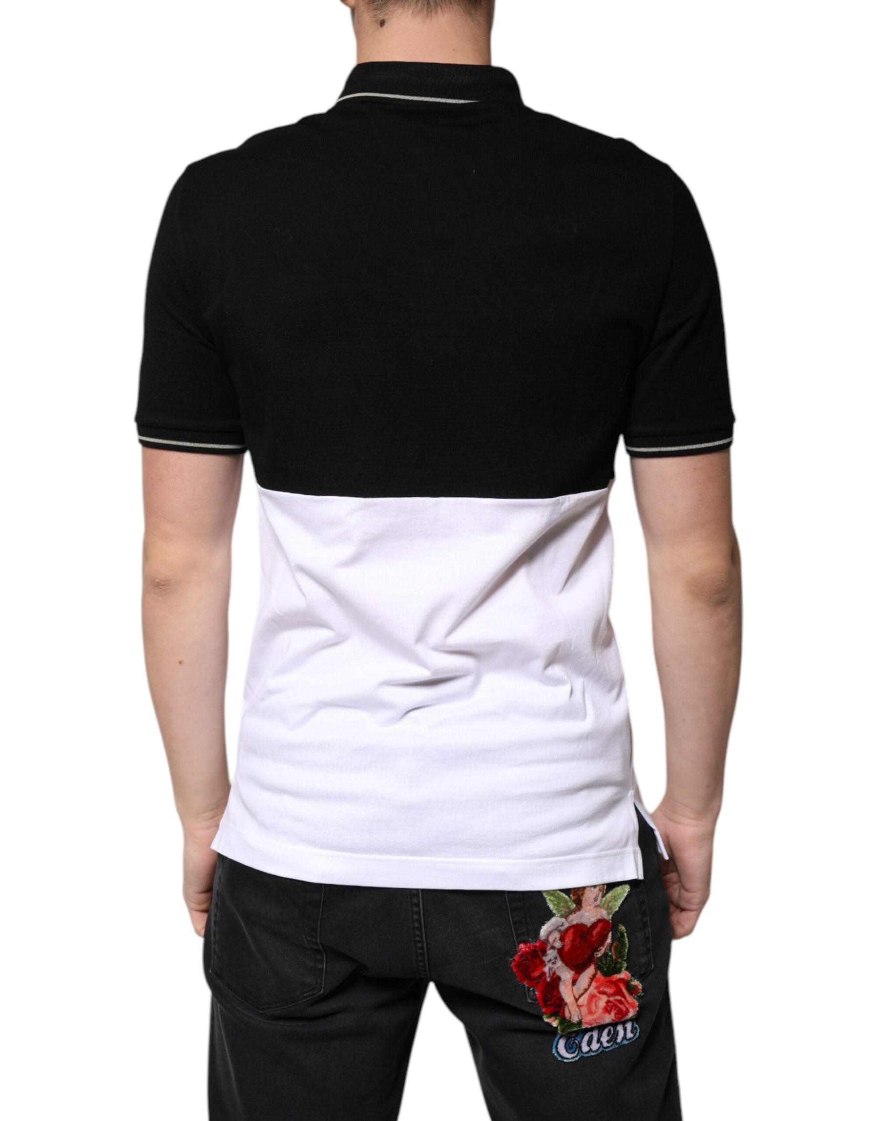 Dolce & Gabbana Black White Cotton Short Sleeves Polo T-shirt | Regal Royce