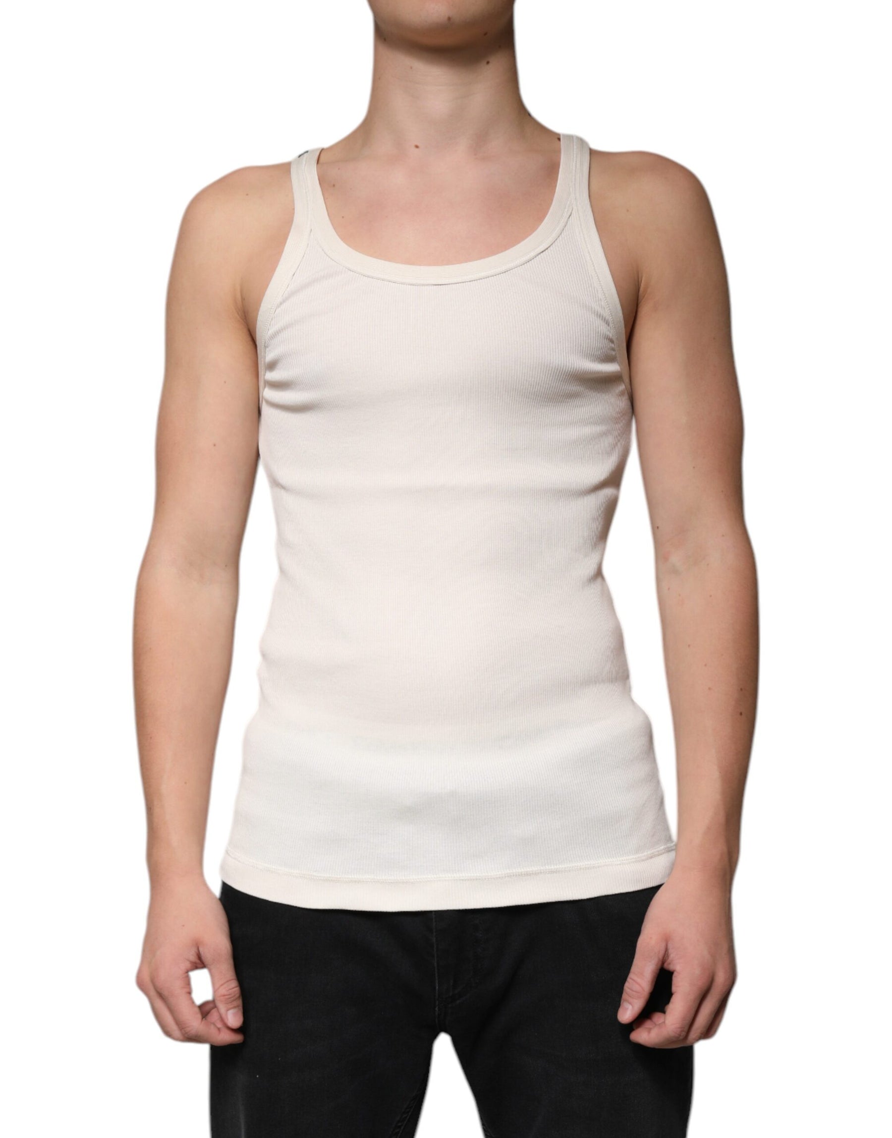 Dolce & Gabbana Off White Cotton Sleeveless Round Neck Tank T-shirt | Regal Royce