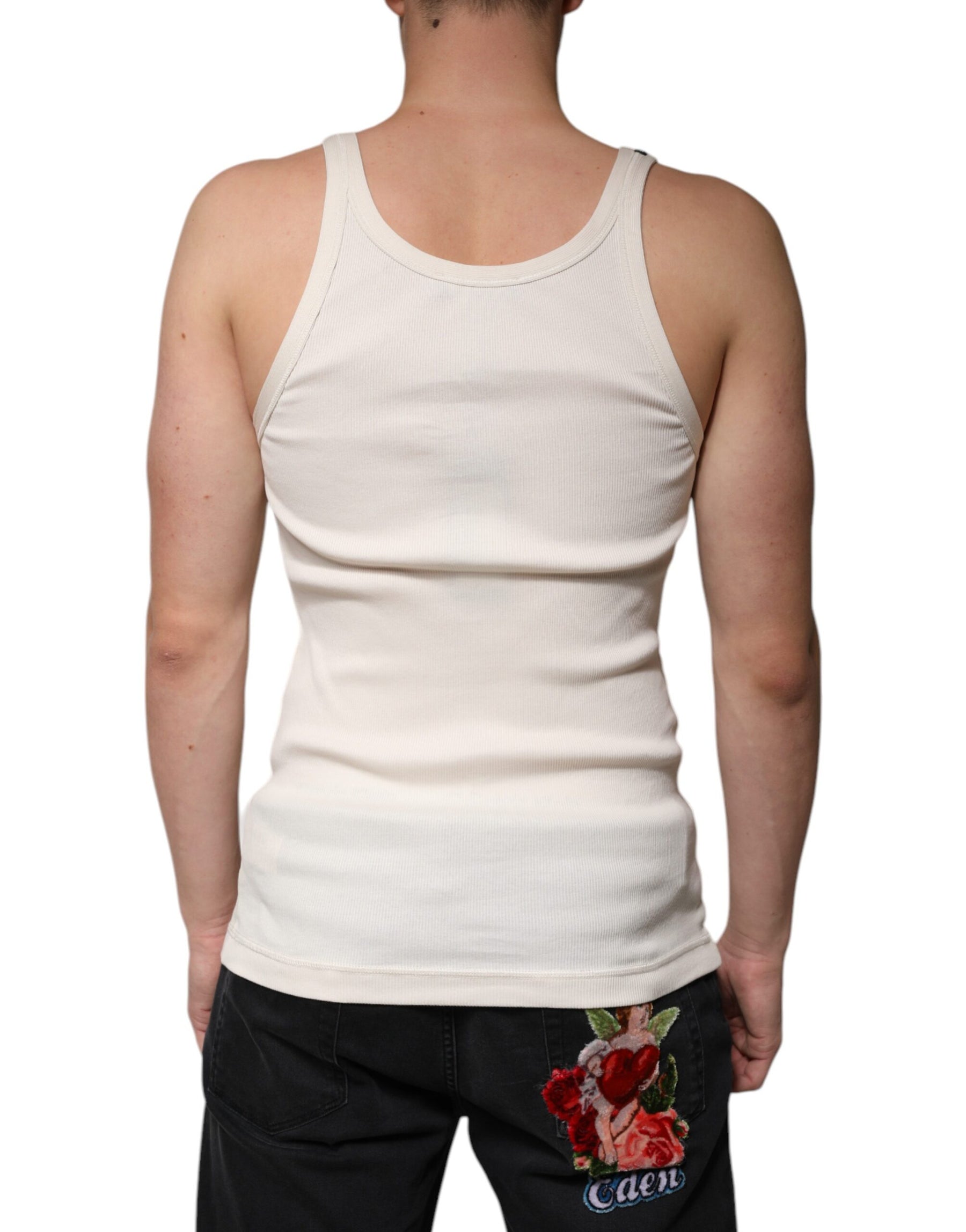 Dolce & Gabbana Off White Cotton Sleeveless Round Neck Tank T-shirt | Regal Royce