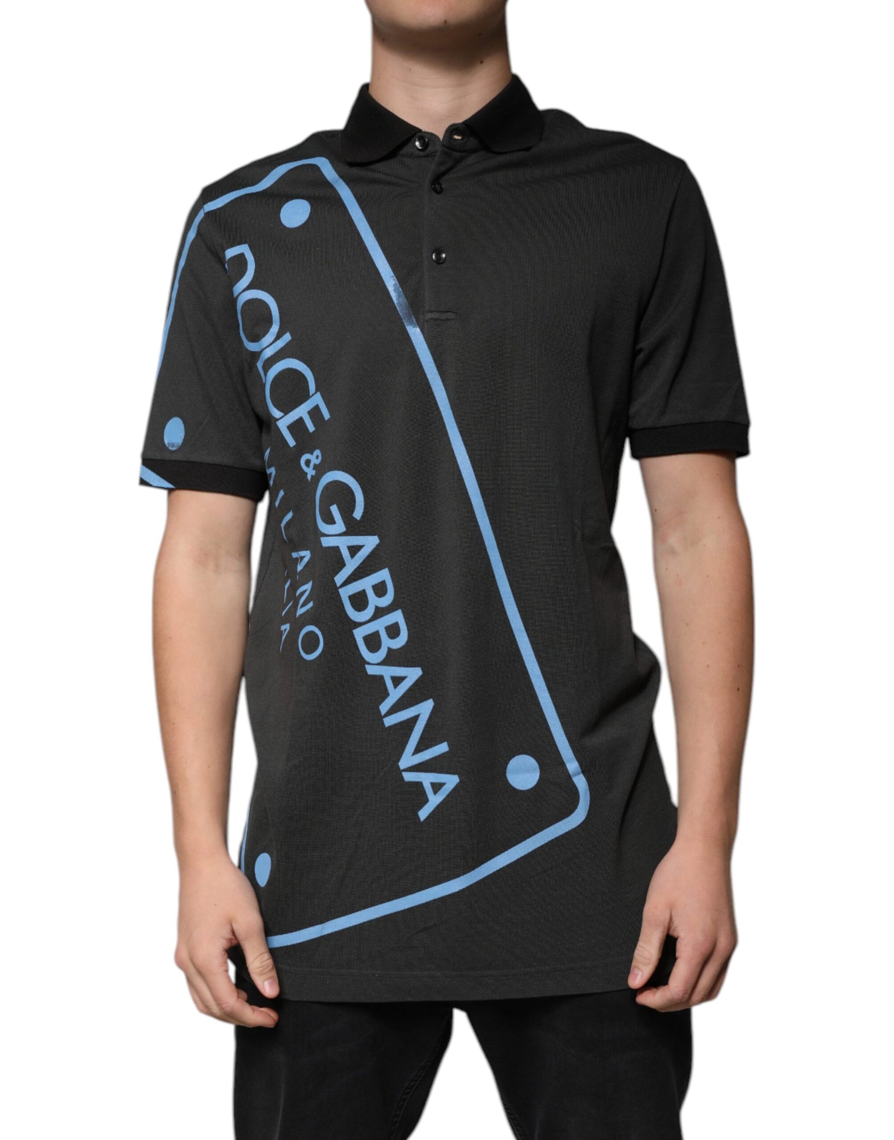 Dolce & Gabbana Black Logo Print Collared Cotton Polo T-shirt | Regal Royce