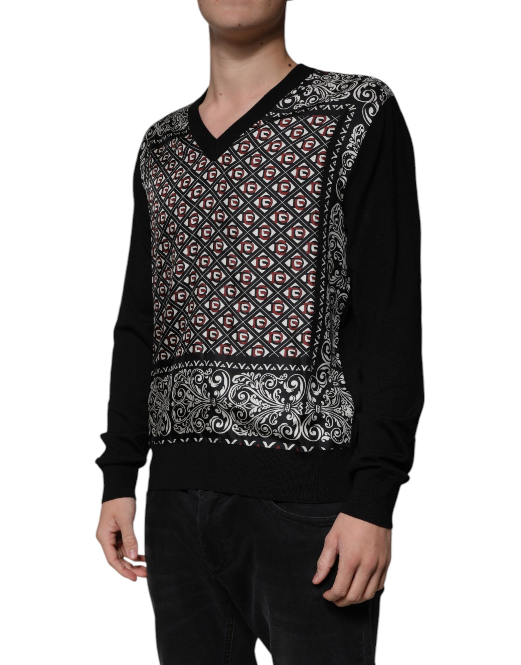 Dolce & Gabbana Black Logo Wool V-neck Pullover Sweater | Regal Royce