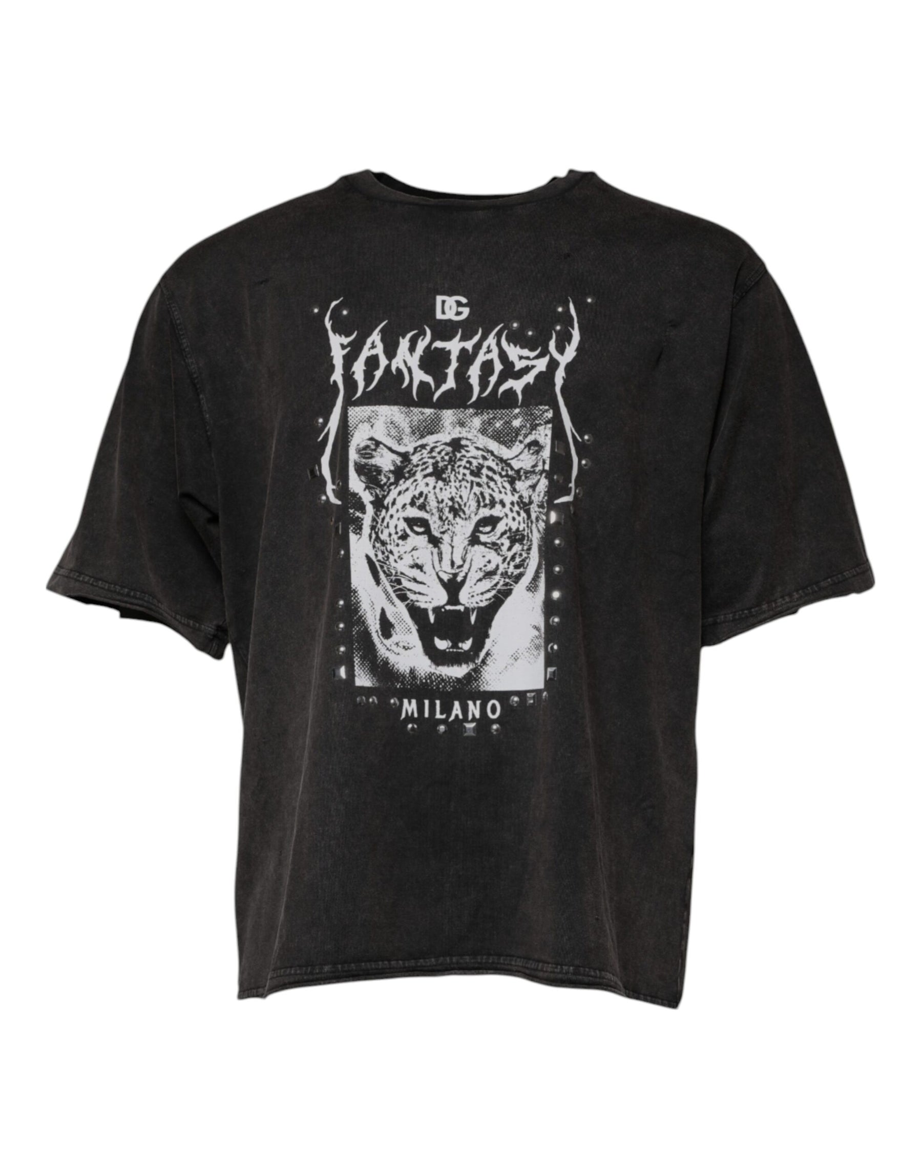 Dolce & Gabbana Gray Leopard Print Cotton Crew Neck T-shirt | Regal Royce