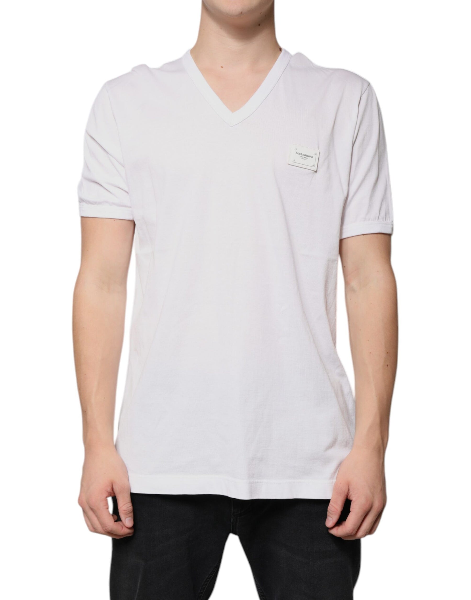 Dolce & Gabbana White Logo V-neck Short Sleeve T-shirt | Regal Royce