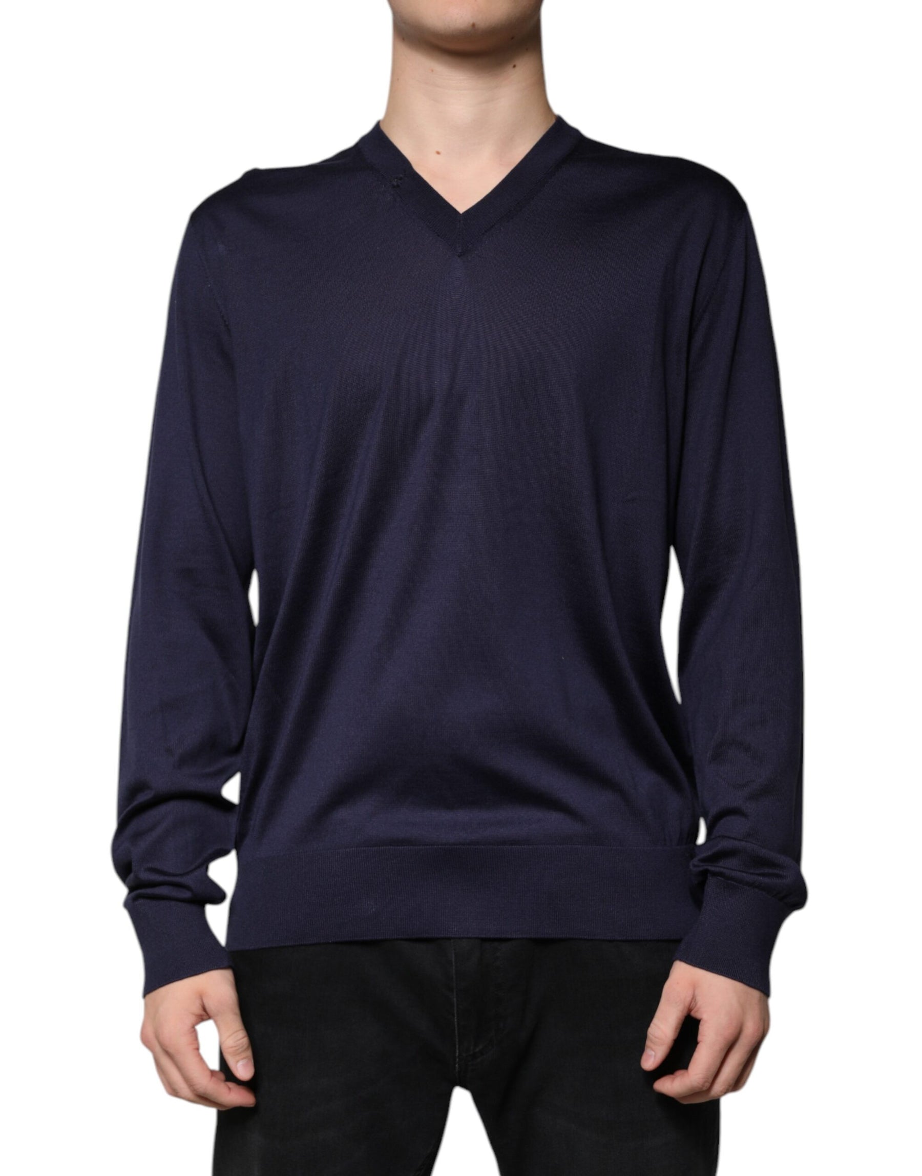 Dolce & Gabbana Navy Blue Silk V-neck Pullover Sweater | Regal Royce