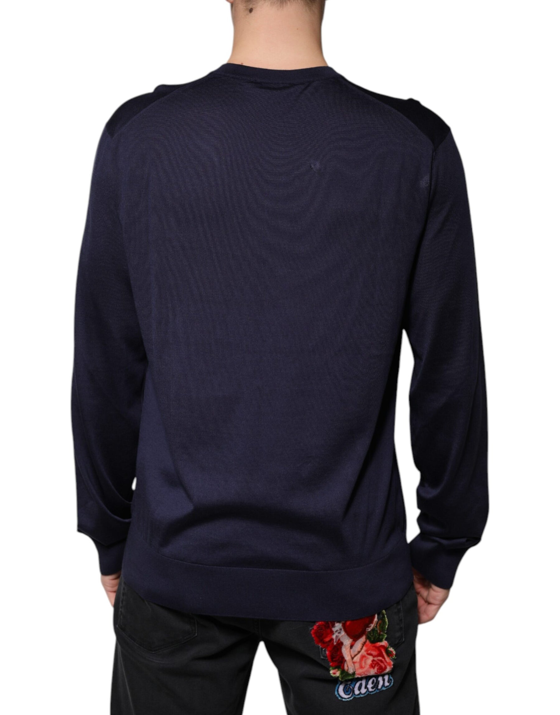 Dolce & Gabbana Navy Blue Silk V-neck Pullover Sweater | Regal Royce