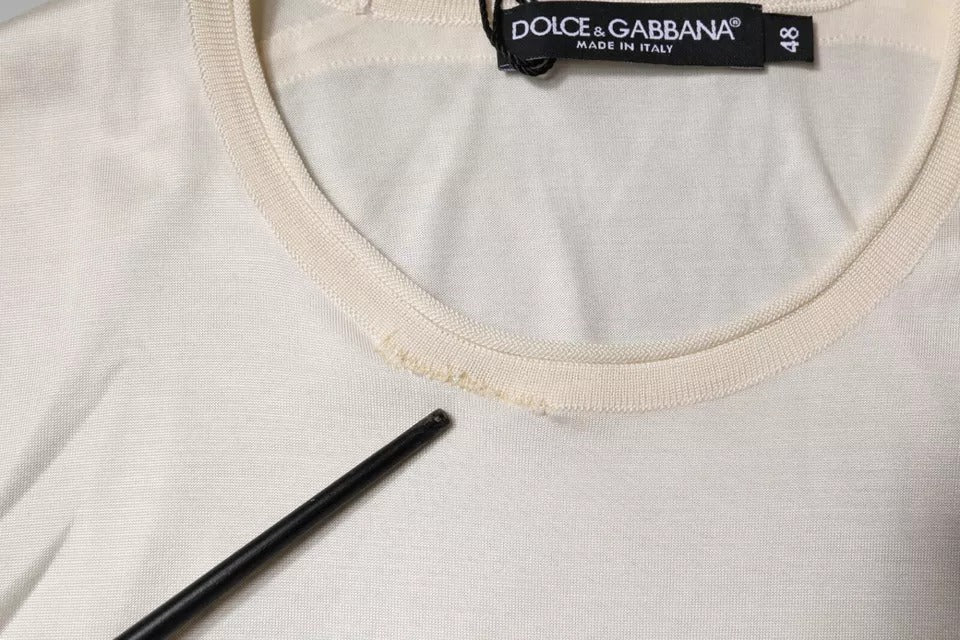 Dolce & Gabbana Off White Silk Crew Neck Short Sleeve T-shirt | Regal Royce