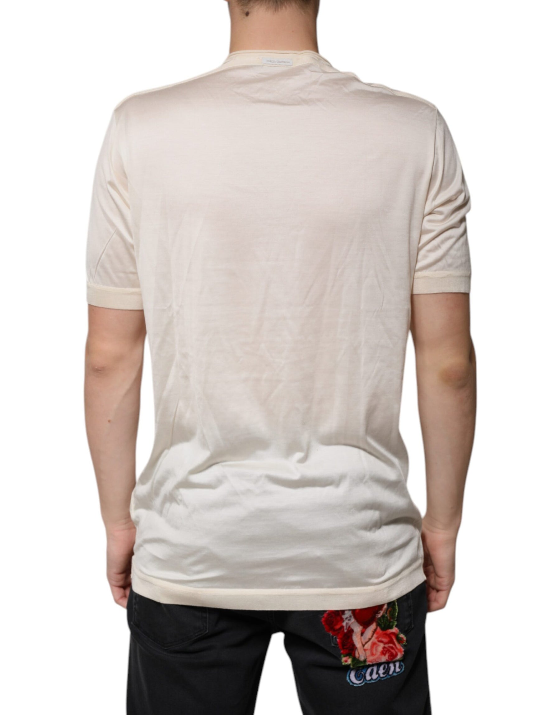 Dolce & Gabbana Off White Silk Crew Neck Henley T-shirt | Regal Royce