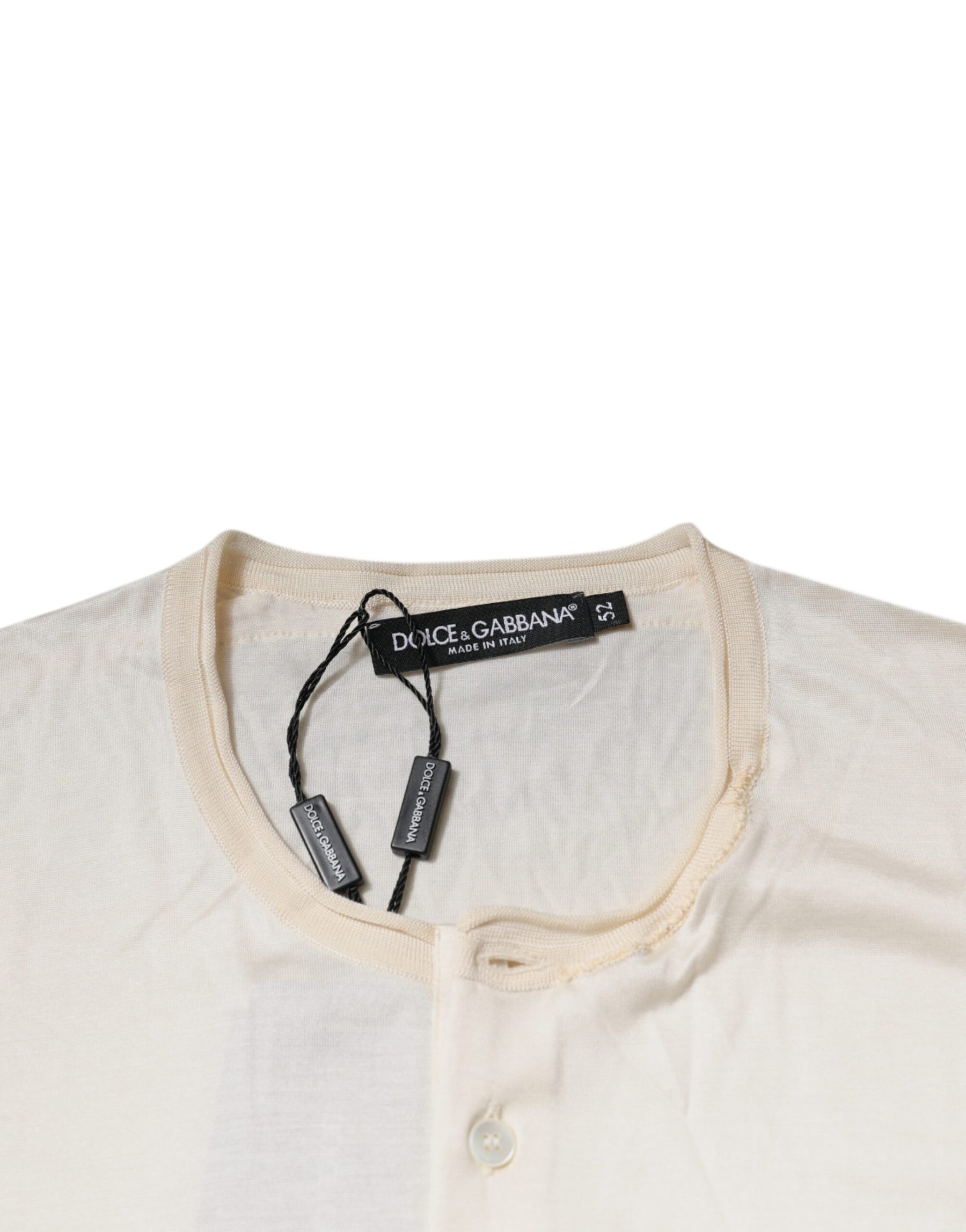 Dolce & Gabbana Off White Silk Crew Neck Henley T-shirt | Regal Royce