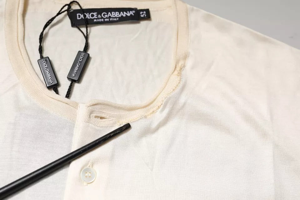 Dolce & Gabbana Off White Silk Crew Neck Henley T-shirt | Regal Royce