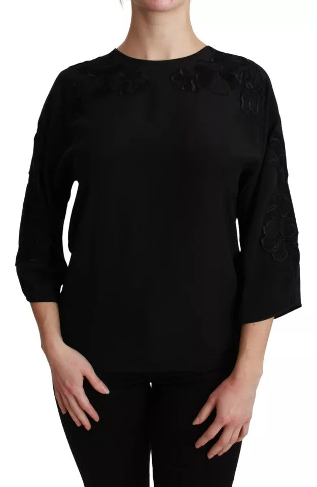 Dolce & Gabbana Black Floral Embroidered Blouse Silk Top | Regal Royce