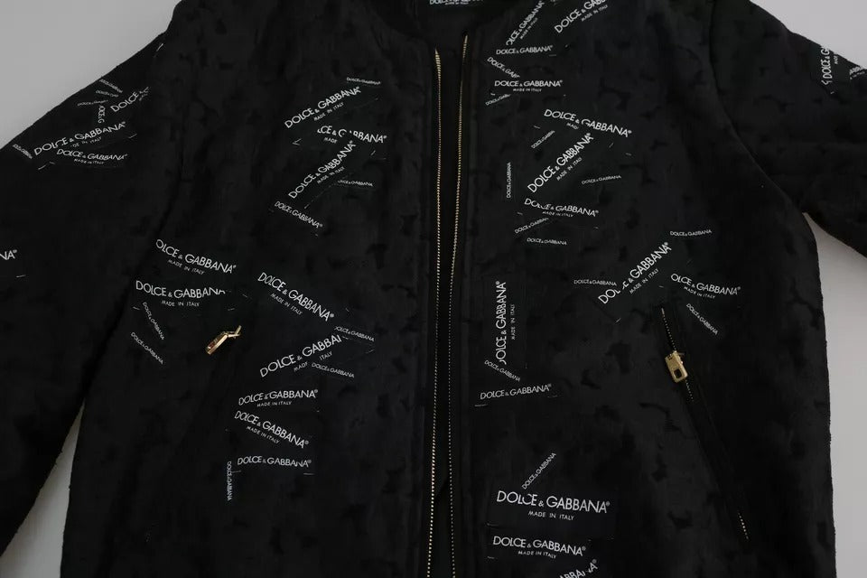 Dolce & Gabbana Black Logo Patch Brocade Bomber Full Zip Jacket | Regal Royce