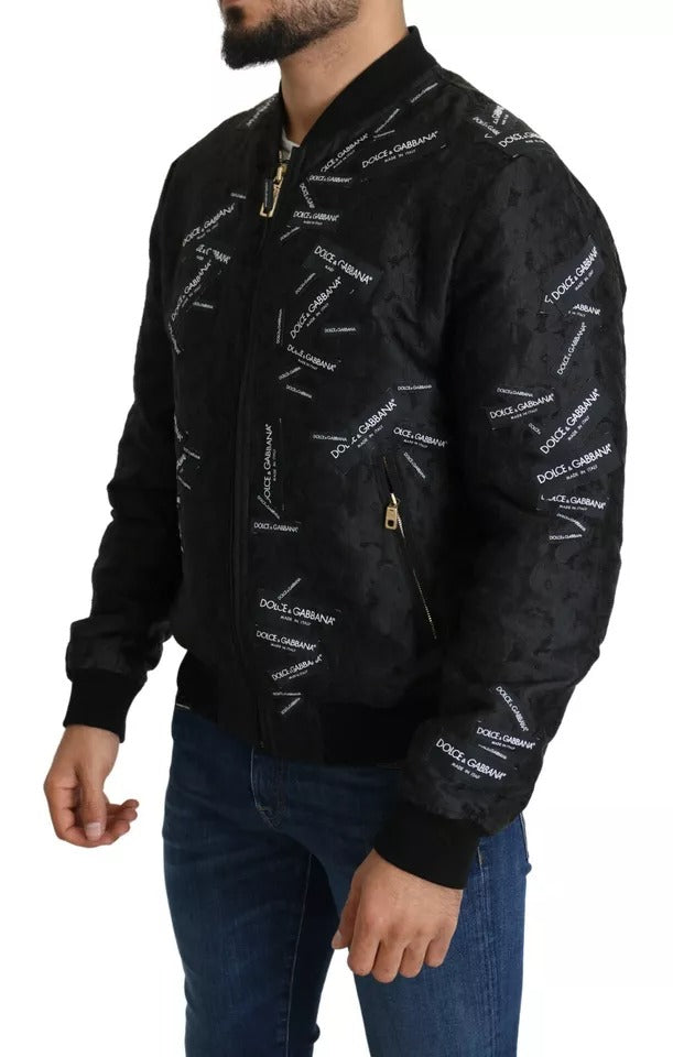 Dolce & Gabbana Black Logo Patch Brocade Bomber Full Zip Jacket | Regal Royce