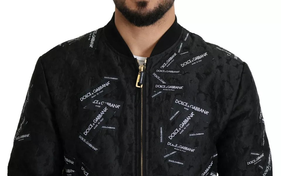 Dolce & Gabbana Black Logo Patch Brocade Bomber Full Zip Jacket | Regal Royce