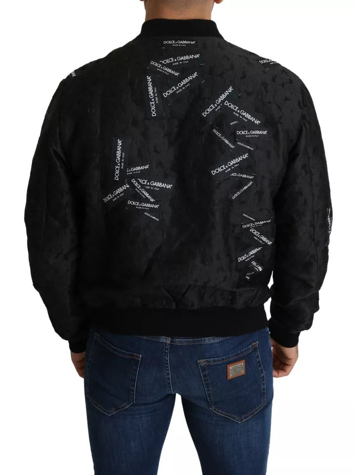 Dolce & Gabbana Black Logo Patch Brocade Bomber Full Zip Jacket | Regal Royce