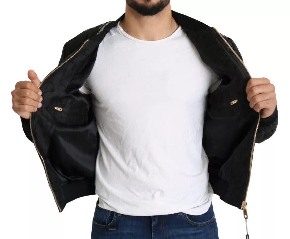 Dolce & Gabbana Black Logo Patch Brocade Bomber Full Zip Jacket | Regal Royce