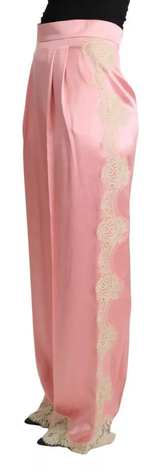 Dolce & Gabbana Pink Lace Trimmed Silk Satin Wide Legs Pants | Regal Royce