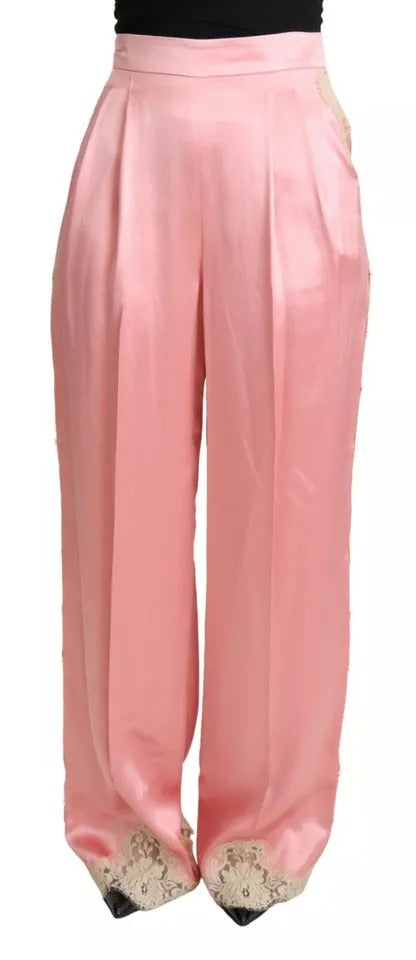 Dolce & Gabbana Pink Lace Trimmed Silk Satin Wide Legs Pants | Regal Royce