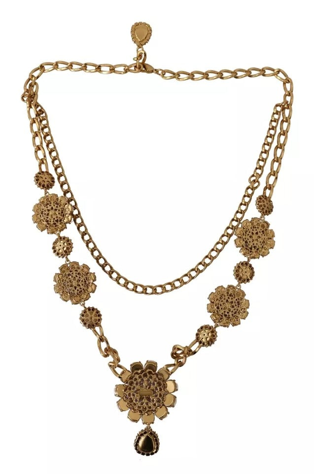 Dolce & Gabbana Gold Tone Floral Crystals Purple Embellished Necklace | Regal Royce