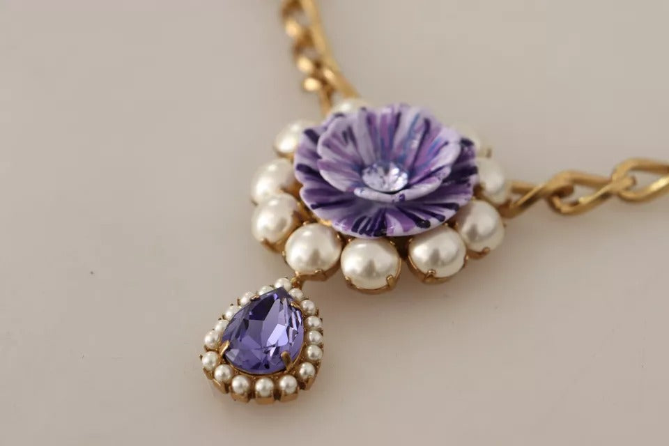 Dolce & Gabbana Gold Tone Floral Crystals Purple Embellished Necklace | Regal Royce