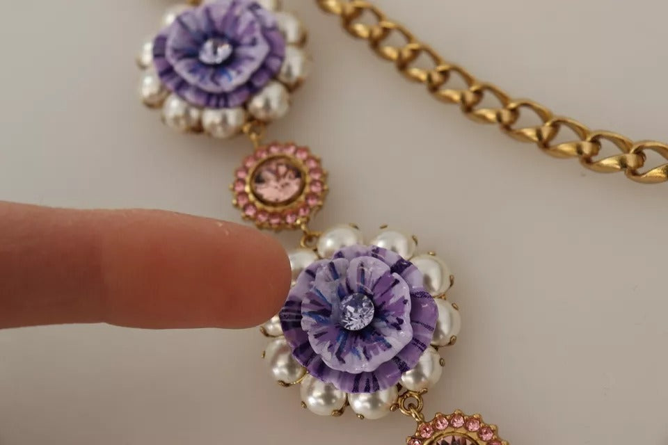 Dolce & Gabbana Gold Tone Floral Crystals Purple Embellished Necklace | Regal Royce