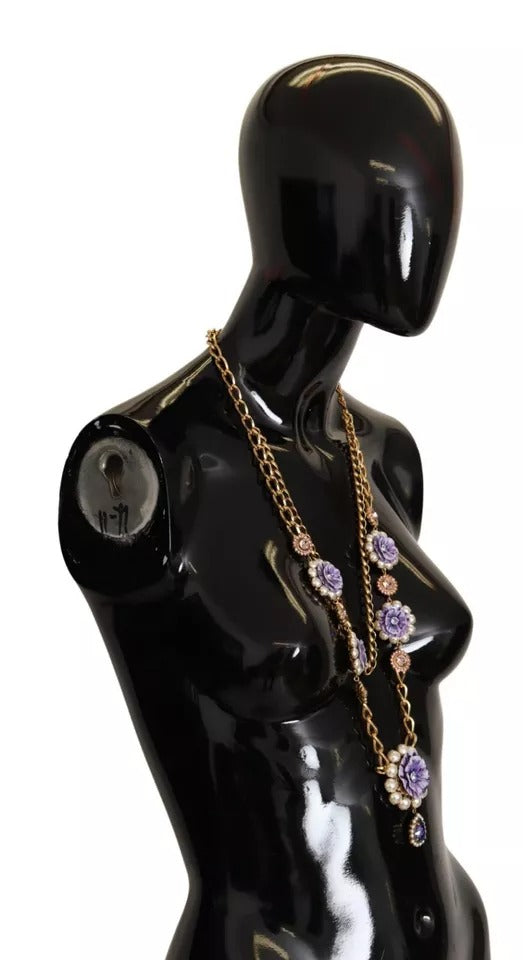 Dolce & Gabbana Gold Tone Floral Crystals Purple Embellished Necklace | Regal Royce