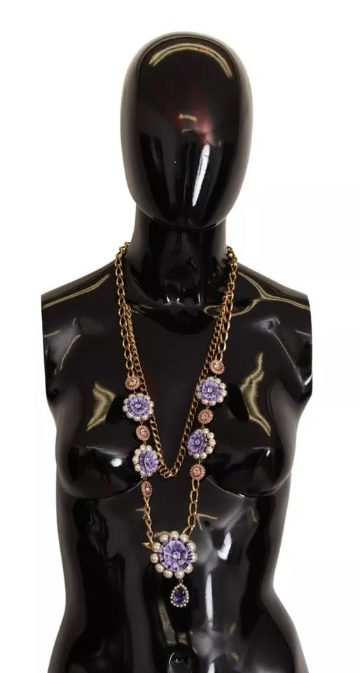 Dolce & Gabbana Gold Tone Floral Crystals Purple Embellished Necklace | Regal Royce