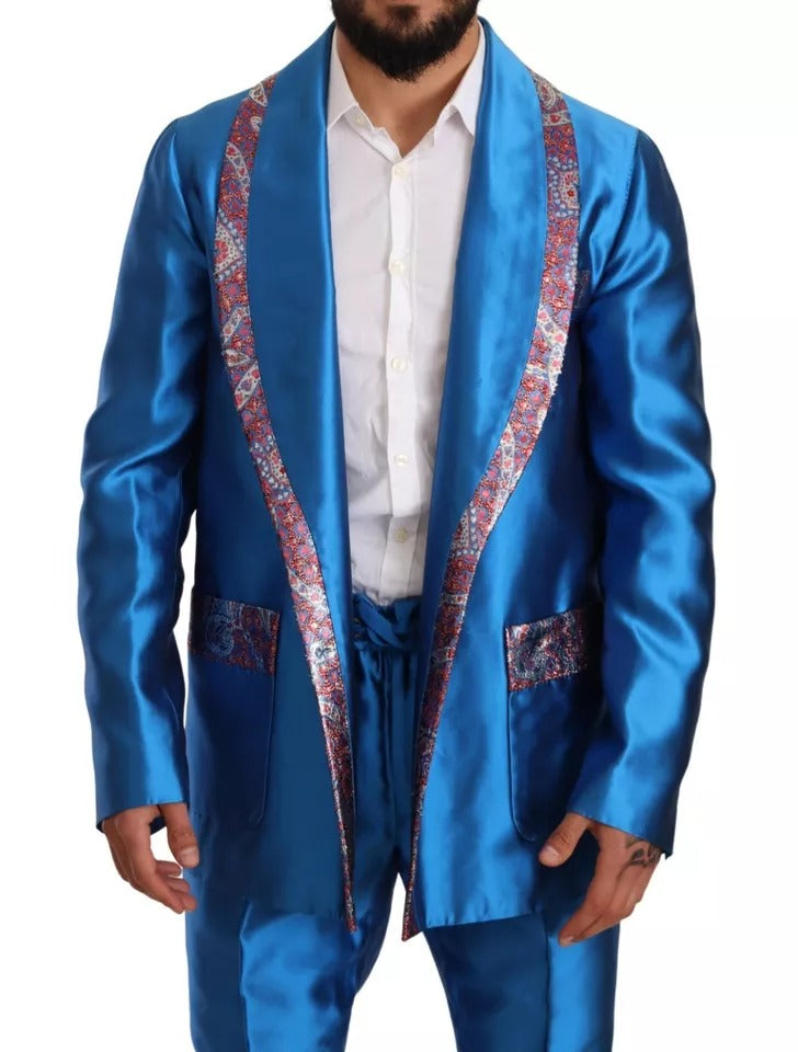 Dolce & Gabbana Blue Jacquard Silk Formal 2 Piece Set Suit | Regal Royce