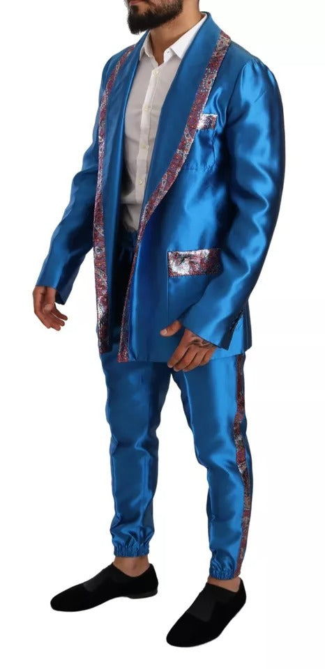 Dolce & Gabbana Blue Jacquard Silk Formal 2 Piece Set Suit | Regal Royce
