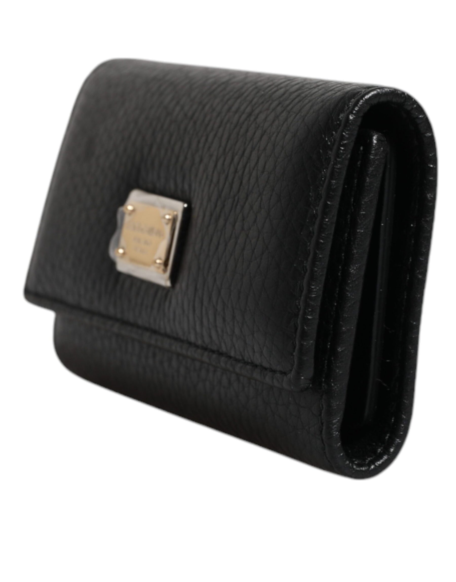 Dolce & Gabbana Black Leather Gold Metal Logo Plaque Trifold Keyring | Regal Royce