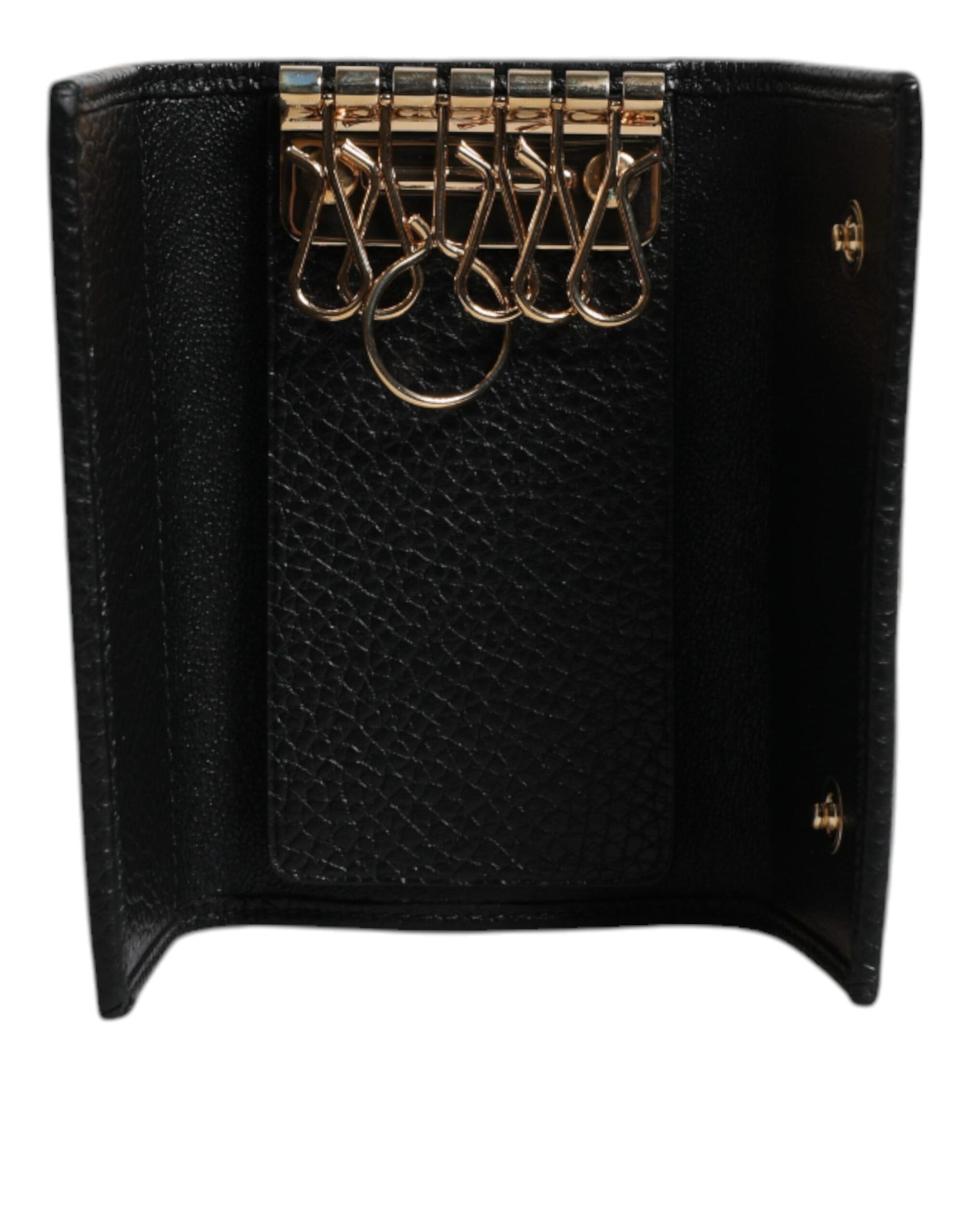 Dolce & Gabbana Black Leather Gold Metal Logo Plaque Trifold Keyring | Regal Royce