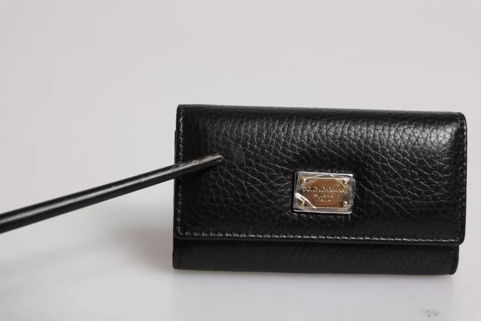 Dolce & Gabbana Black Leather Gold Metal Logo Plaque Trifold Keyring | Regal Royce